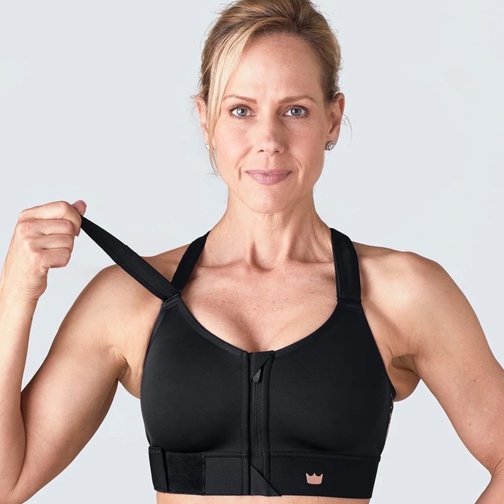 NWOT SheFit Flex Sports Bra Sz M Black Medium Impact Front Zip Workout Workout